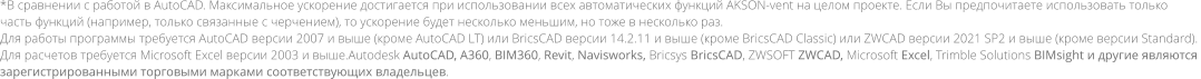 *В сравнении с работой в AutoCAD. Максимальное ускорение достигается при использовании всех автоматических функций AKSON-vent на целом проекте. Если Вы предпочитаете использовать только  часть функций (например, только связанные с черчением), то ускорение будет несколько меньшим, но тоже в несколько раз.  Для работы программы требуется AutoCAD версии 2007 и выше (кроме AutoCAD LT) или BricsCAD версии 14.2.11 и выше (кроме BricsCAD Classic) или ZWCAD версии 2021 SP2 и выше (кроме версии Standard). Для расчетов требуется Microsoft Excel версии 2003 и выше.Autodesk AutoCAD, A360, BIM360, Revit, Navisworks, Bricsys BricsCAD, ZWSOFT ZWCAD, Microsoft Excel, Trimble Solutions BIMsight и другие являются зарегистрированными торговыми марками соответствующих владельцев.